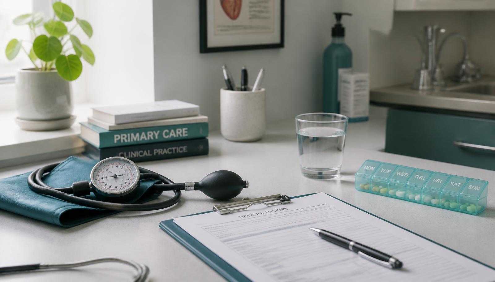 A clinical desk with paperwork and a stethoscope