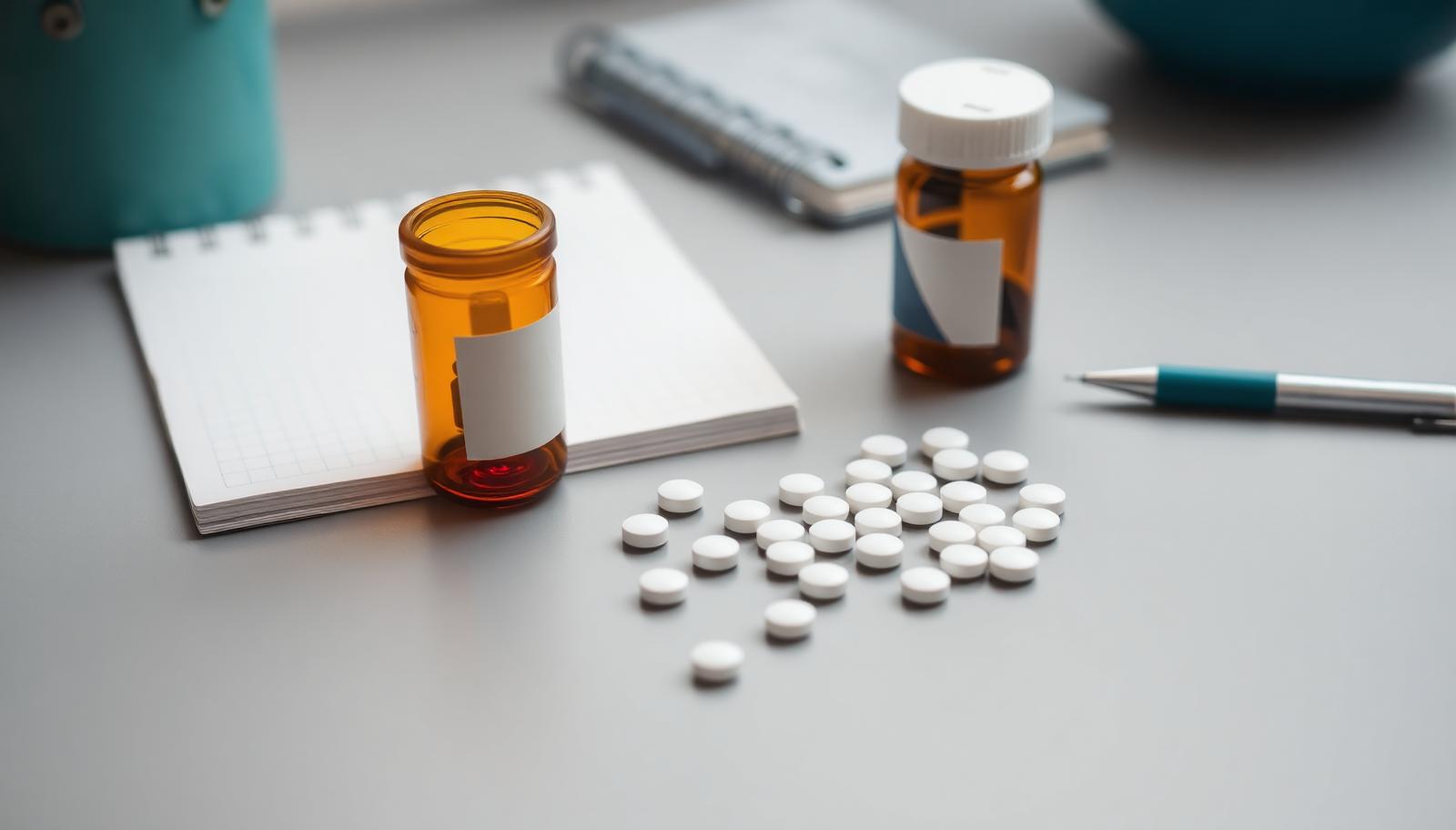 Two prescription bottles and scattered white tablets on a desk beside a notebook and pen