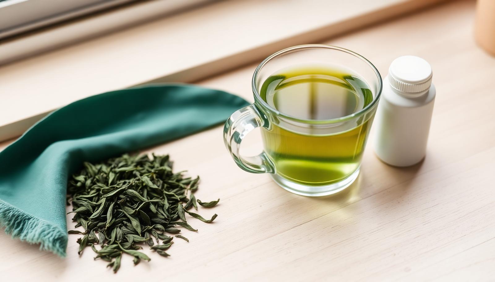 A glass cup of green tea beside loose tea leaves and a white supplement bottle on a pale wooden desk