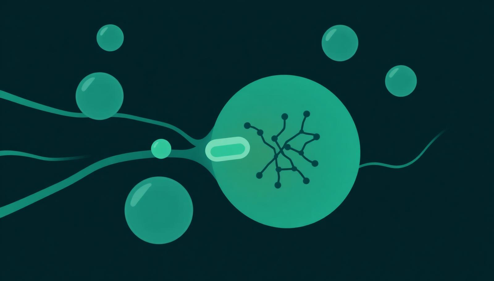 Illustration of a synapse with neurotransmitter vesicles and transporter proteins in the membrane