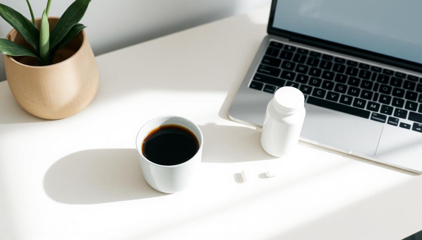 A cup of black coffee beside a white supplement bottle and two capsules on a bright desk next to a laptop