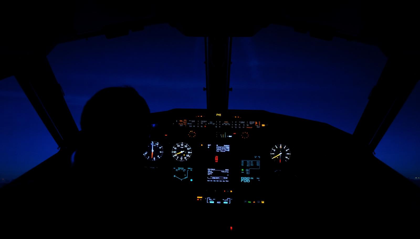 Dimly lit aircraft cockpit at night with glowing instrument dials and a pilot silhouette