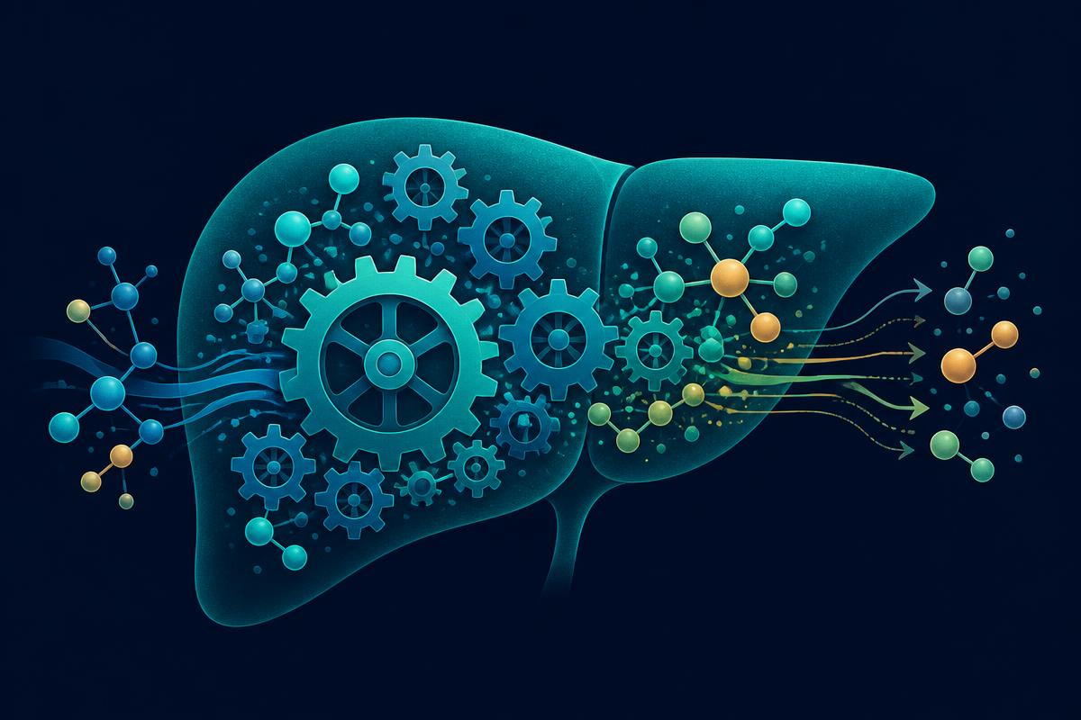 Illustration of liver enzyme metabolism converting molecules into metabolites