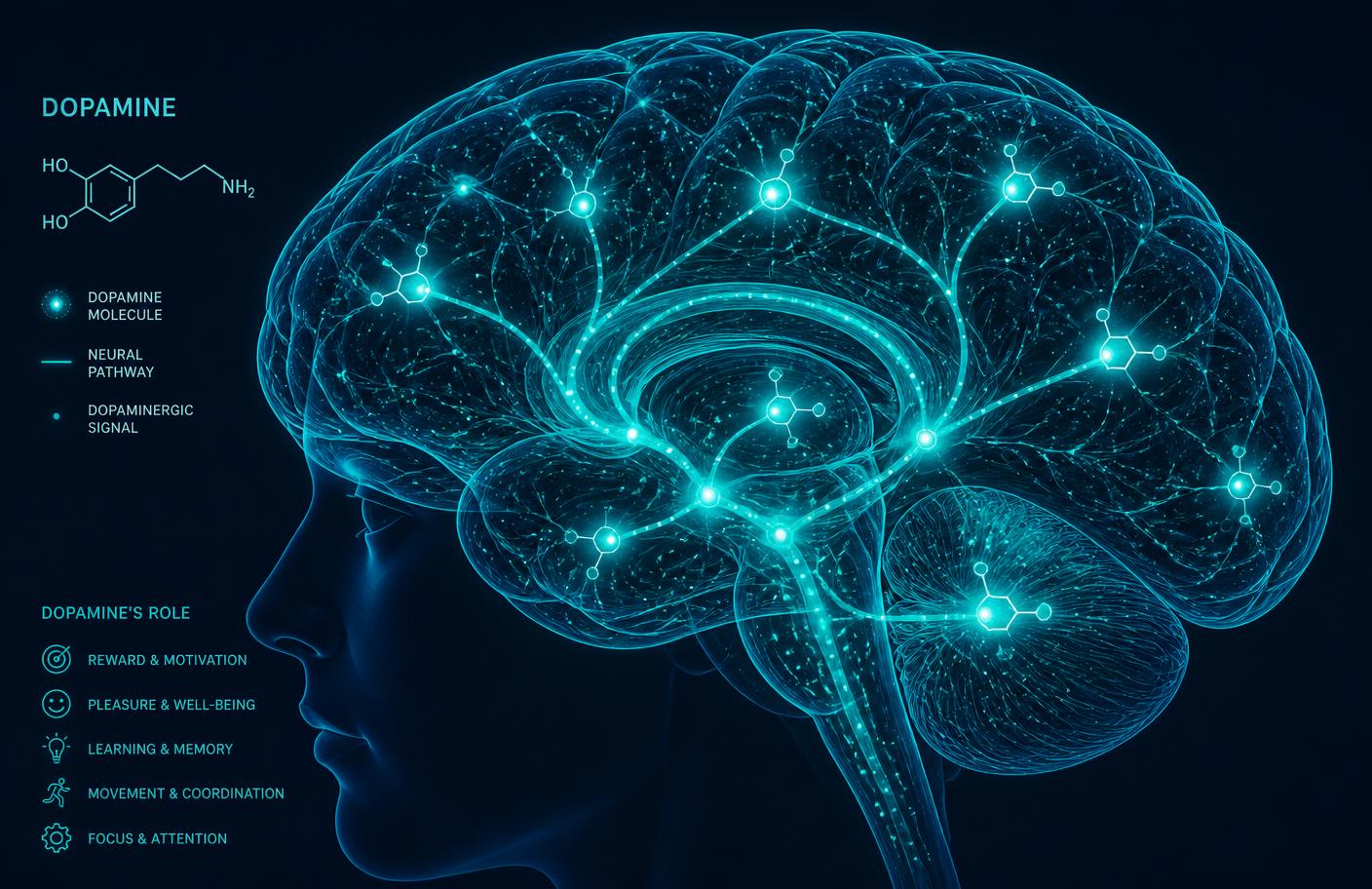 Illustration of dopamine pathways lighting up across a human brain