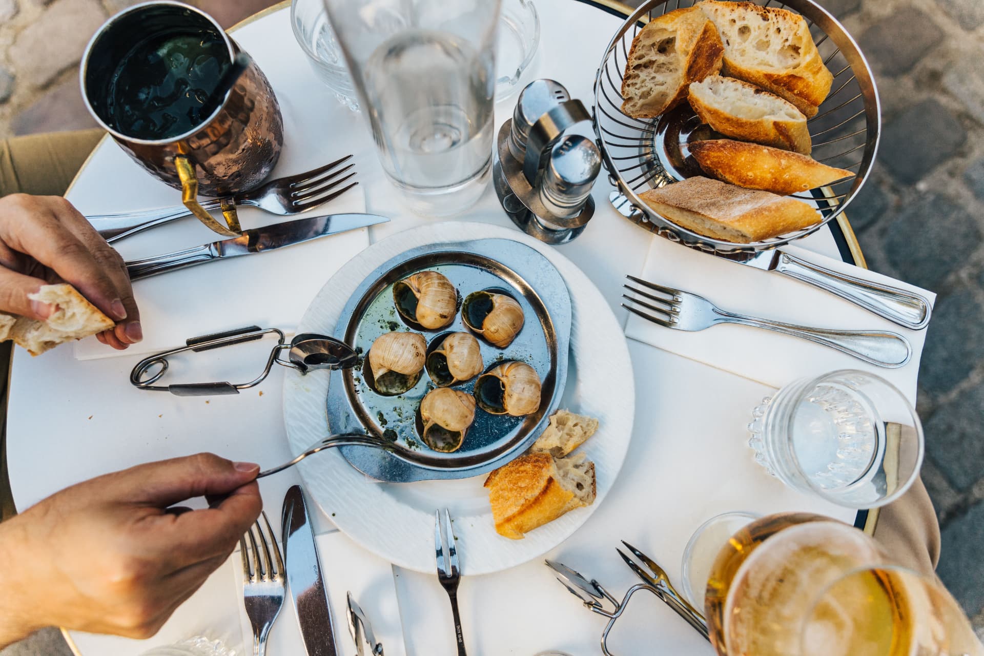 Overhead view of a table set for a shared meal