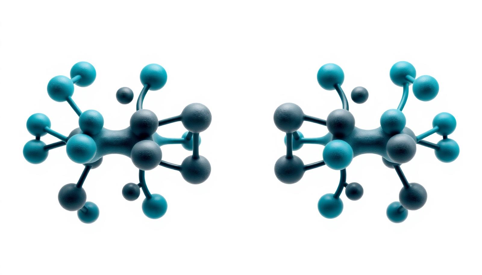Two mirror image molecular models in teal and slate on a light background