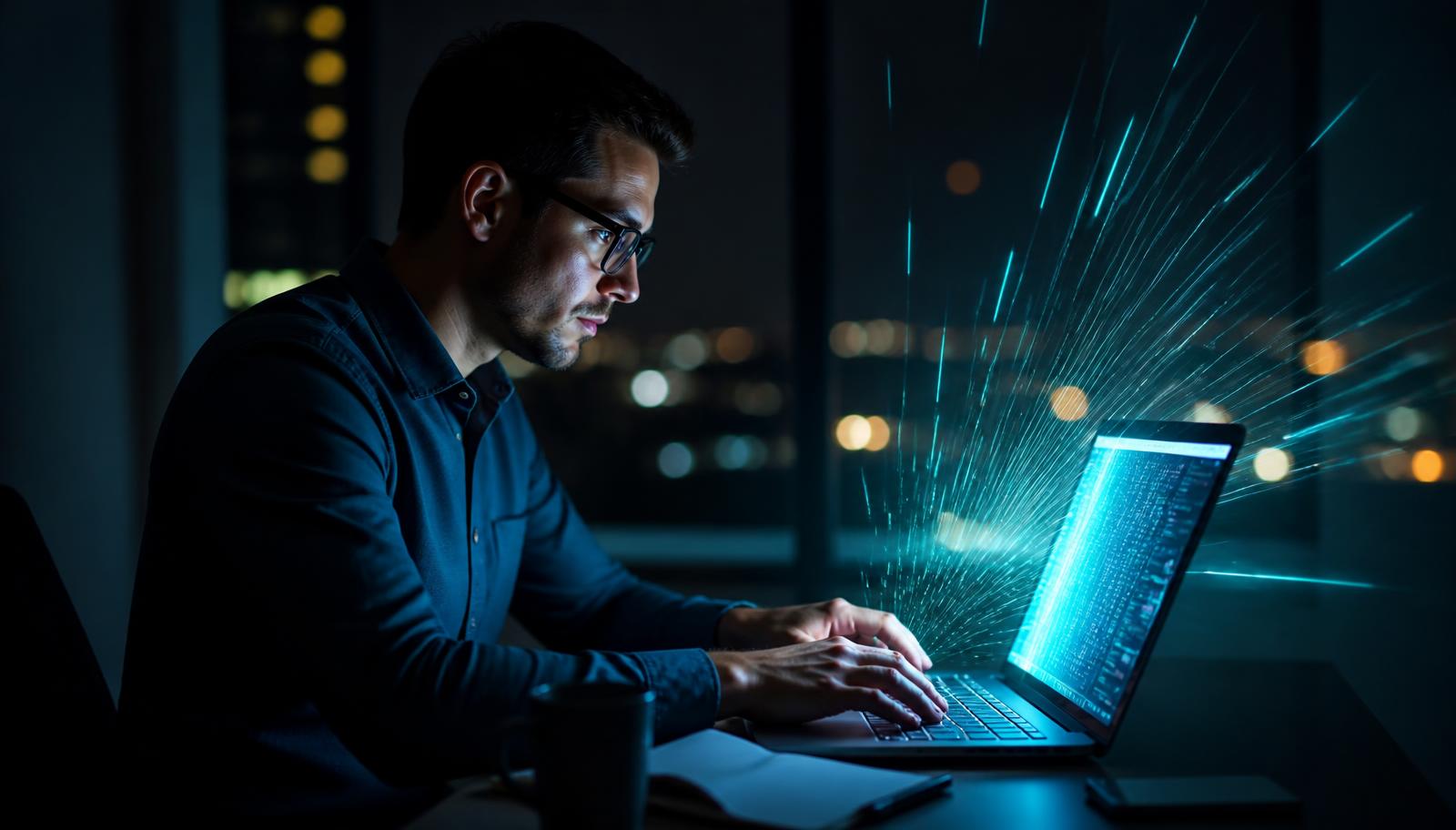 A researcher working late at a laptop with light streaming from the screen