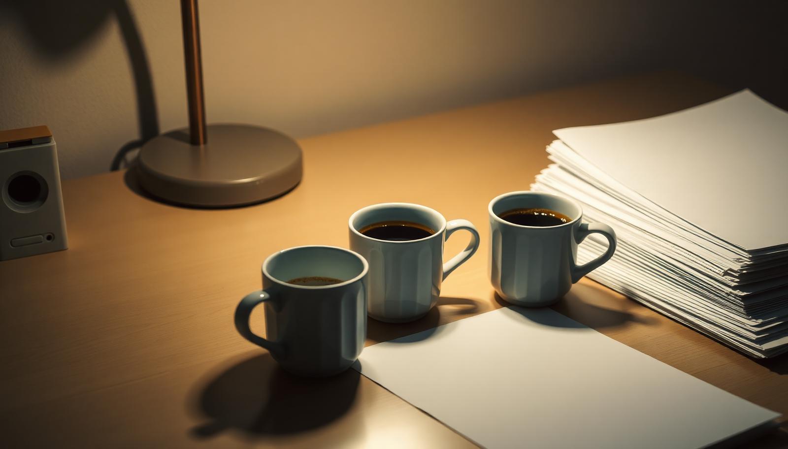 Three used espresso cups beside a stack of paper on a desk under a warm lamp