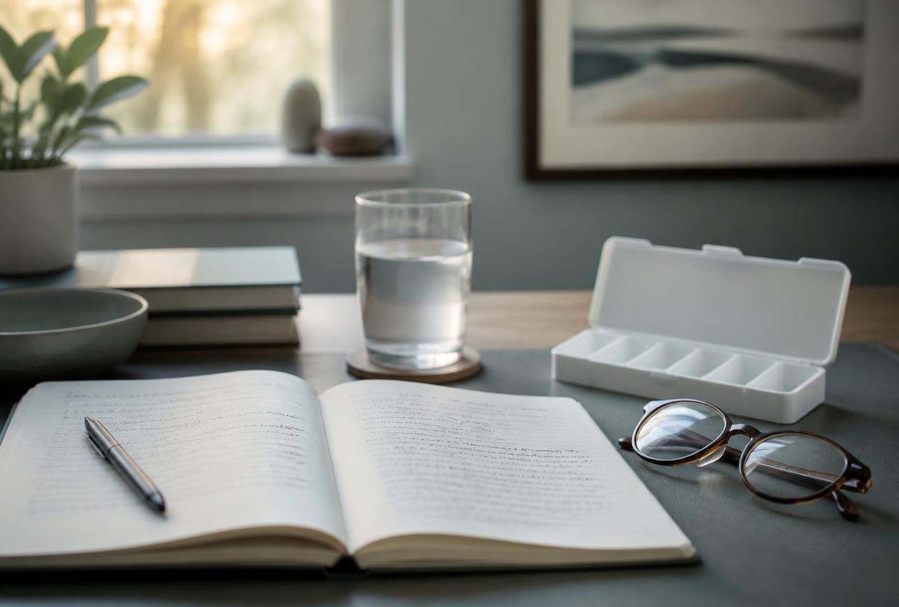 A research desk with notebooks and a laptop