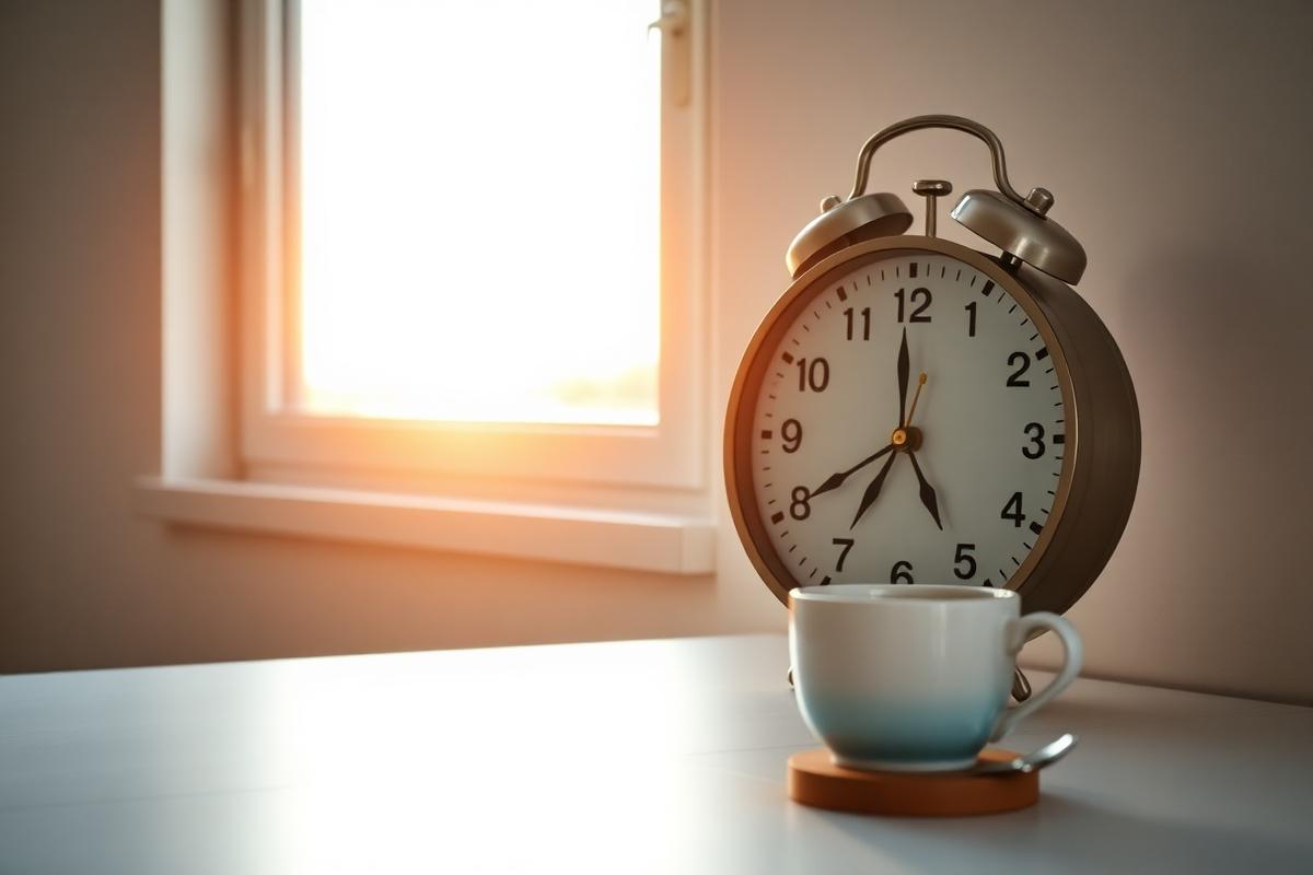 An alarm clock and a coffee cup on a desk beside a bright window at sunrise