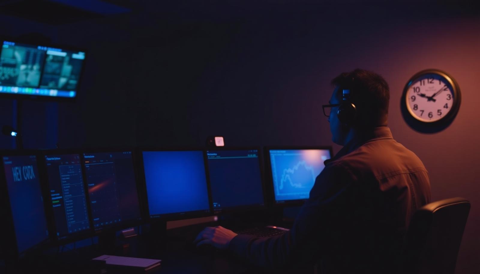 A worker monitoring several screens in a dimly lit control room during the early morning hours