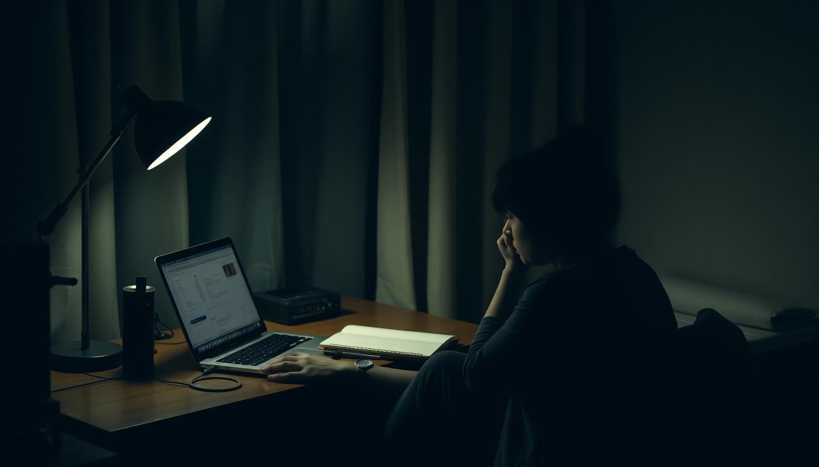 A person sitting at a dimly lit desk late at night with a laptop and open notebook